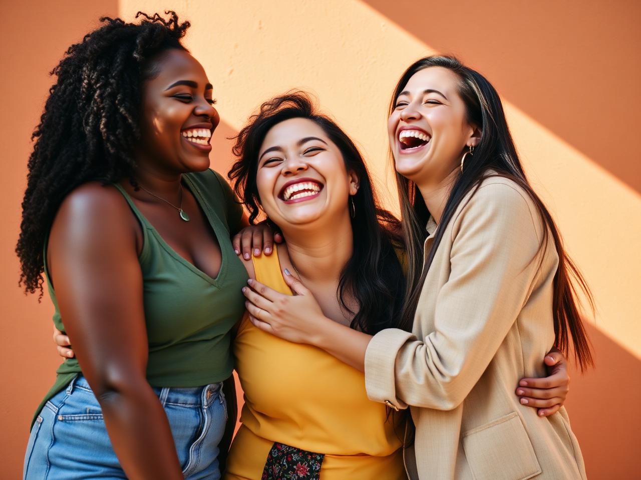 Three women laughing and embracing